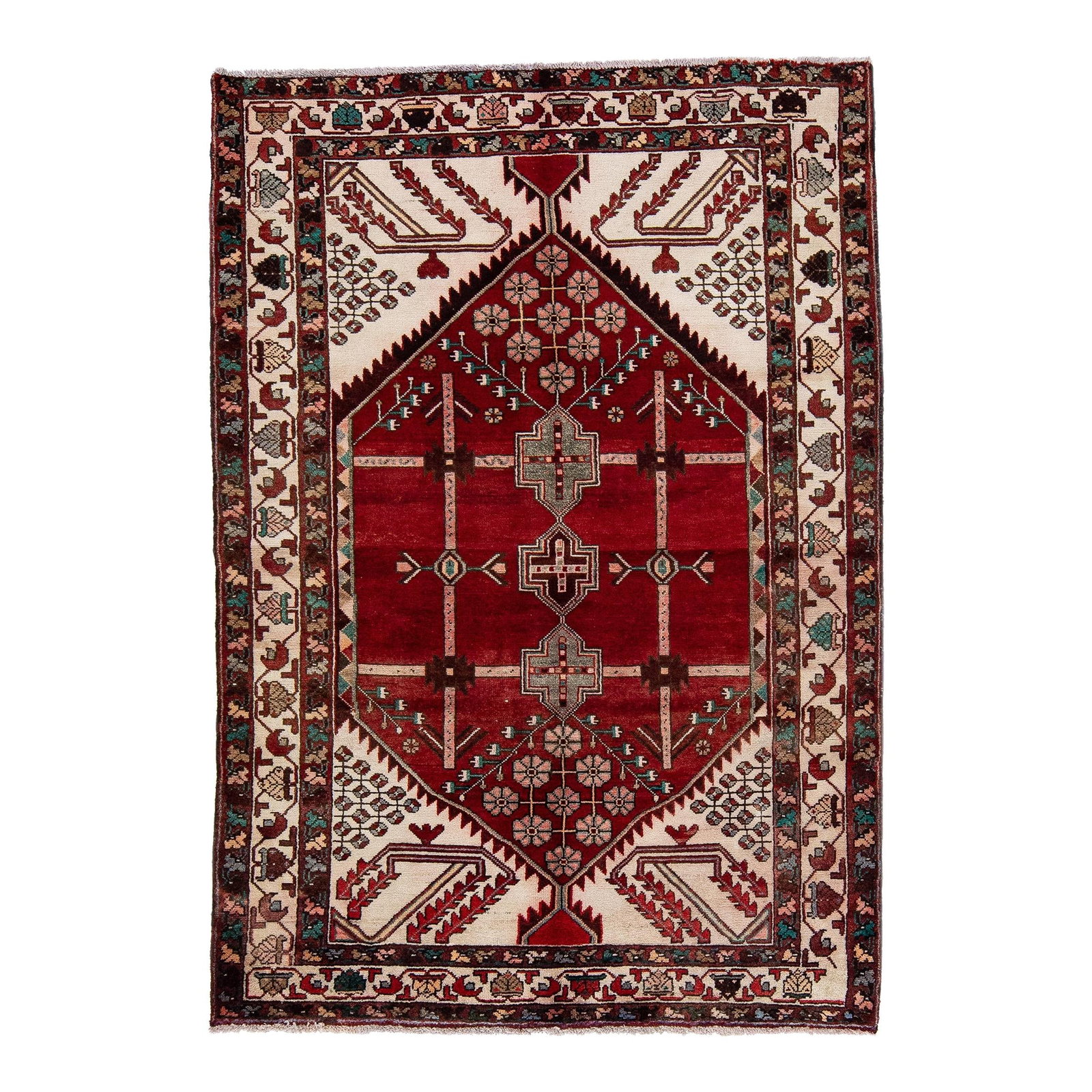 Vintage Persian Hamadan Red Hand-Knotted Wool Rug 4'5 x 6'5: Vintage Persian Hamadan Red Hand-Knotted Wool Rug 4'5 x 6'5 This stunning vintage Persian Hamadan rug showcases exquisite craftsmanship with its hand-knotted wool construction. The vibrant red field i