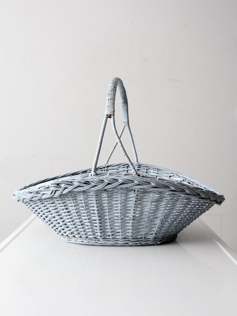 Blue Oval Wicker Basket with Arched Handle Vintage Decorative Storage (1 of 11)