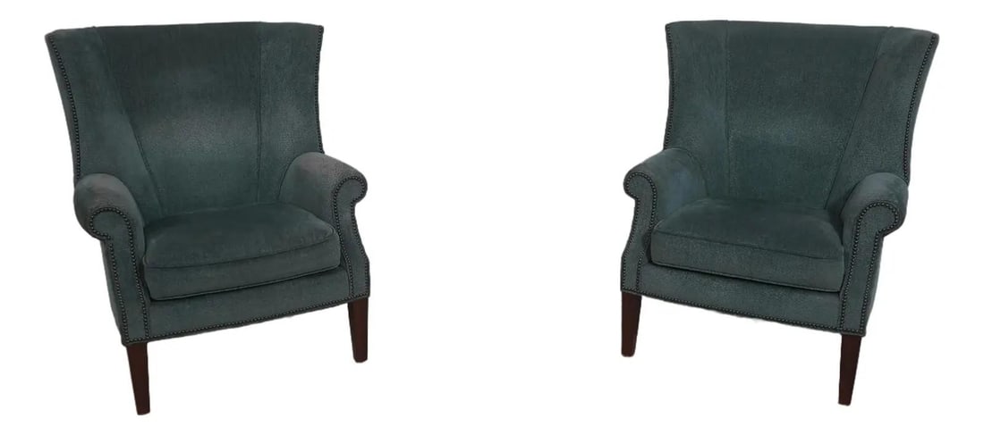 Set of Two Marissa Wing Chairs with Upholstered Mahogany Frames (1 of 10)
