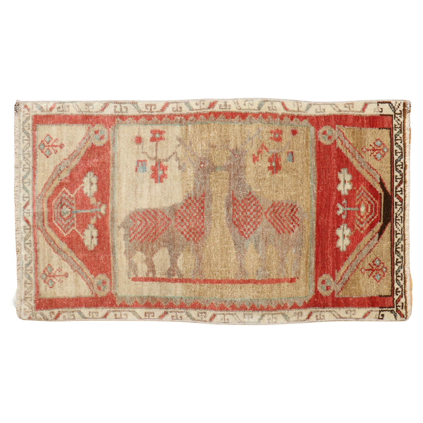 Mid-20th Century Turkish Hand-Knotted Wool Deer Rug 22 x 38: Mid-20th Century Turkish Hand-Knotted Wool Deer Rug 22 x 38 Experience the charm of this mid-20th century Turkish rug, featuring a picturesque design of two deer set against a camel field. Hand-knotte