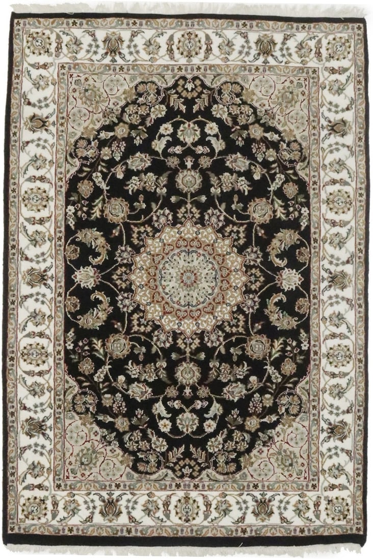 Handmade Indo-Nain Floral Area Rug 4'3 x 6'2 Wool Silk Black Cream: Handmade Indo-Nain Floral Area Rug 4'3 x 6'2 Wool Silk Black Cream Enhance your space with this exquisite Handmade Indo-Nain Oriental Area Rug, featuring a traditional floral pattern. This stunning ru