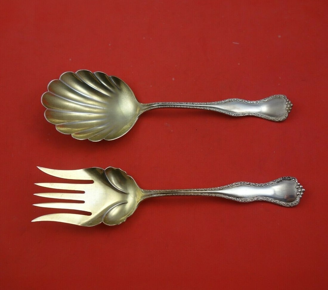 Schofield Josephine Sterling Silver Salad Serving Set 2pc Gold Washed 8.5": Schofield Josephine Sterling Silver Salad Serving Set 2pc Gold Washed 8.5" Introducing a stunning 2-piece salad serving set from the renowned maker Schofield, crafted from high-quality sterling silver