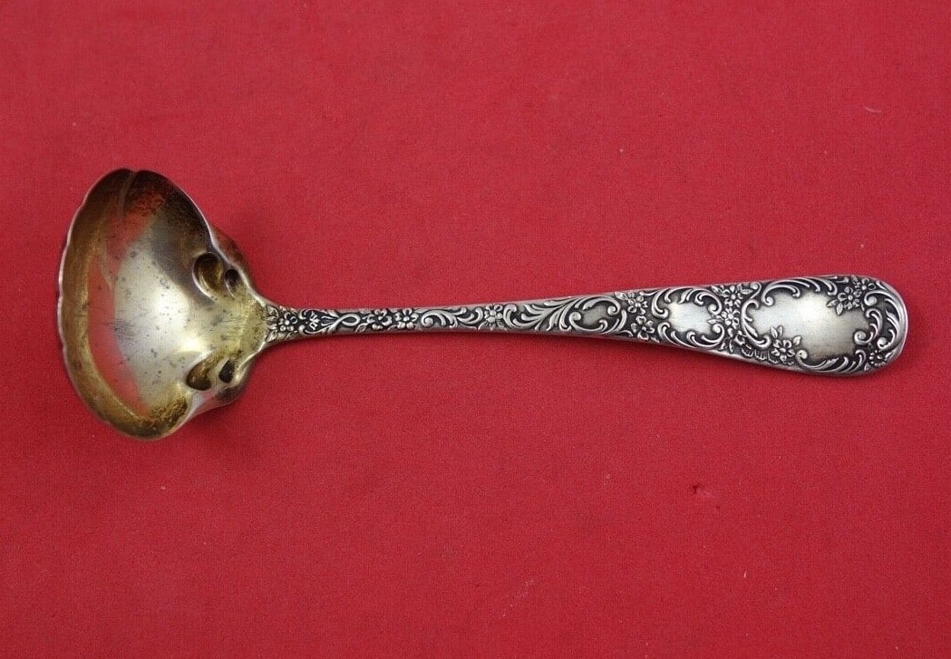 Gorham Douglas Sterling Silver Mayonnaise Ladle Gold Wash 4.75": Gorham Douglas Sterling Silver Mayonnaise Ladle Gold Wash 4.75" This exquisite mayonnaise ladle is part of the Douglas pattern by Gorham, crafted from high-quality sterling silver. Measuring 4 3/4 inc