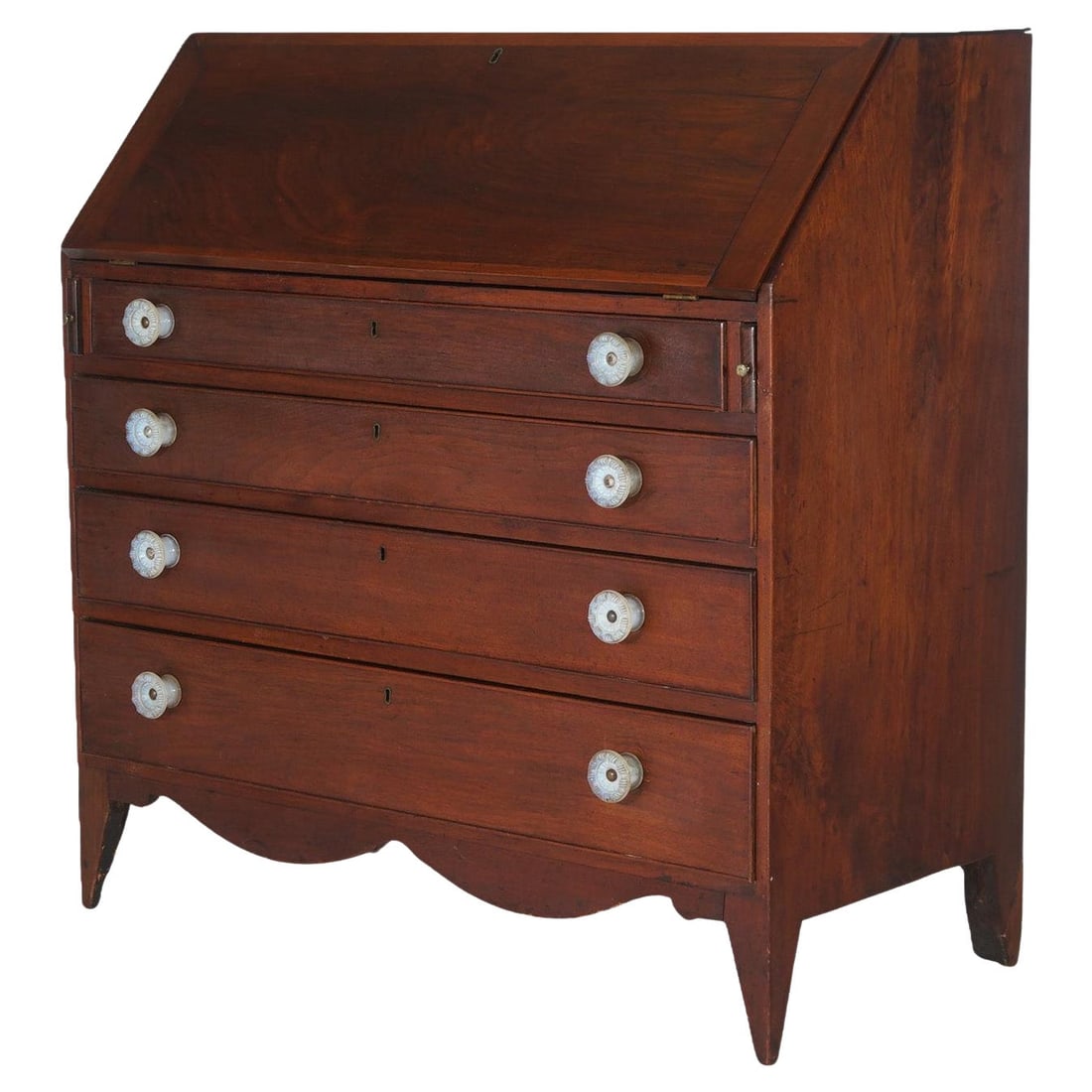 Antique Hepplewhite Mahogany Drop Front Desk C1820 with Graduated Drawers: Antique Hepplewhite Mahogany Drop Front Desk C1820 with Graduated Drawers This exquisite Antique Mahogany Hepplewhite Drop Front Desk, crafted circa 1820, embodies the elegance of early 19th-century d