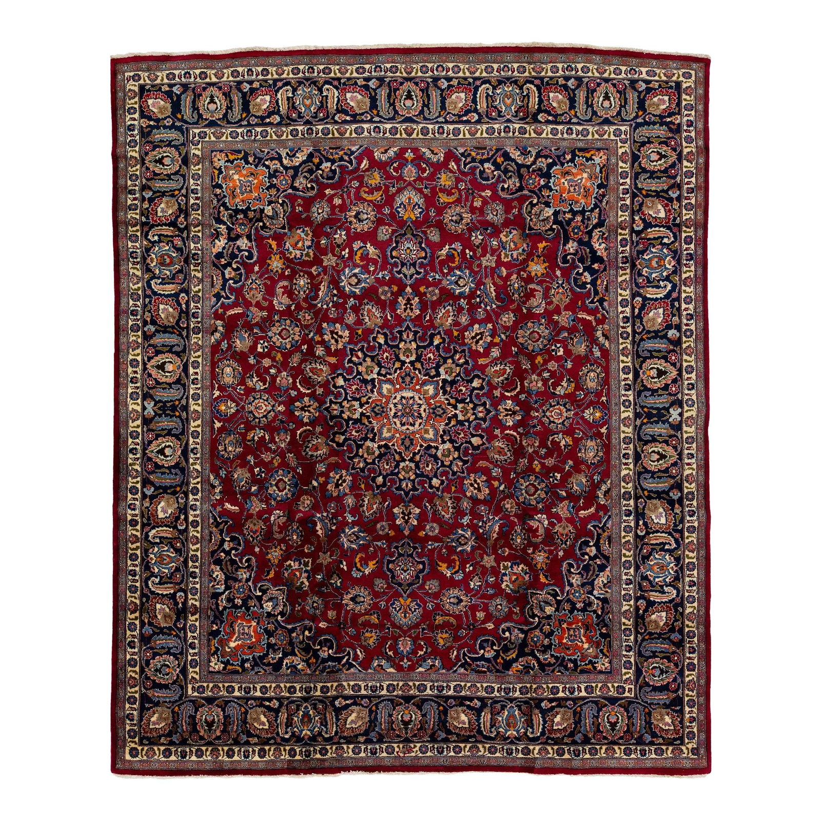 1960s Vintage Mashad Persian Wool Rug Red Rosette Motif 9'7 x 11'8: 1960s Vintage Mashad Persian Wool Rug Red Rosette Motif 9'7 x 11'8 This exquisite 1960s vintage handmade Mashad wool rug features a vibrant red field adorned with a stunning multicolor rosette motif. 
