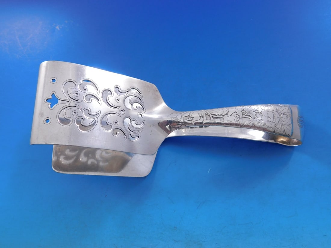 Tiffany & Co. Lap Over Edge Sterling Silver Asparagus Tongs 7 1/4" Peony Motif (1 of 15)