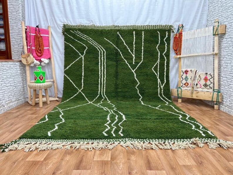 Authentic Handwoven Green Rug from Morocco 100% Wool: Authentic Handwoven Green Rug from Morocco 100% Wool Discover the beauty of this authentic Stunning Green Rug, handwoven in the Atlas Mountains by skilled local Berber women weavers. Crafted using tra