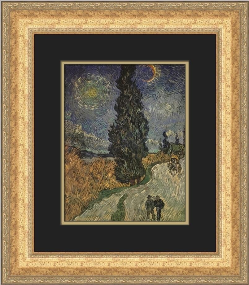 Vincent Van Gogh A Road with Cypress Trees Custom Framed Art Print: Vincent Van Gogh A Road with Cypress Trees Custom Framed Art Print This stunning custom framed print features Vincent Van Gogh's renowned artwork, "A Road with Cypress Trees and A Star." Measuring 20 