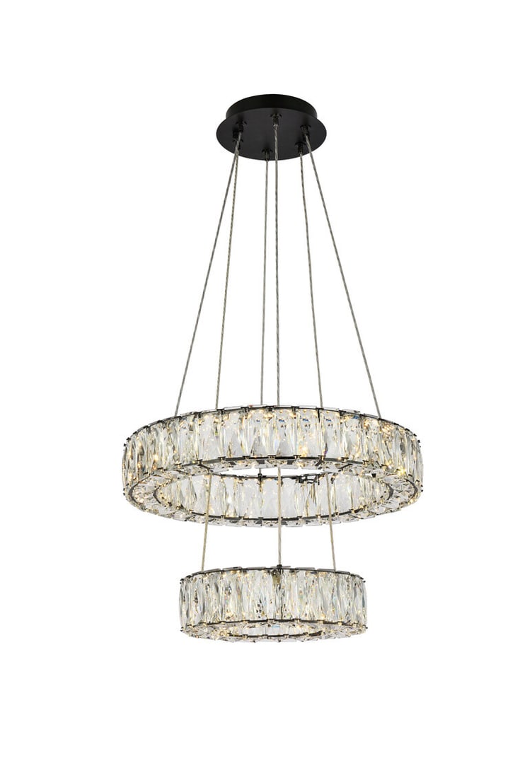 MONROE Black Crystal LED Chandelier by: MONROE Black Crystal LED Chandelier by This modern chandelier features a sleek black finish and is adorned with royal-cut clear crystals, creating a striking halo effect. Designed for versatility, it 