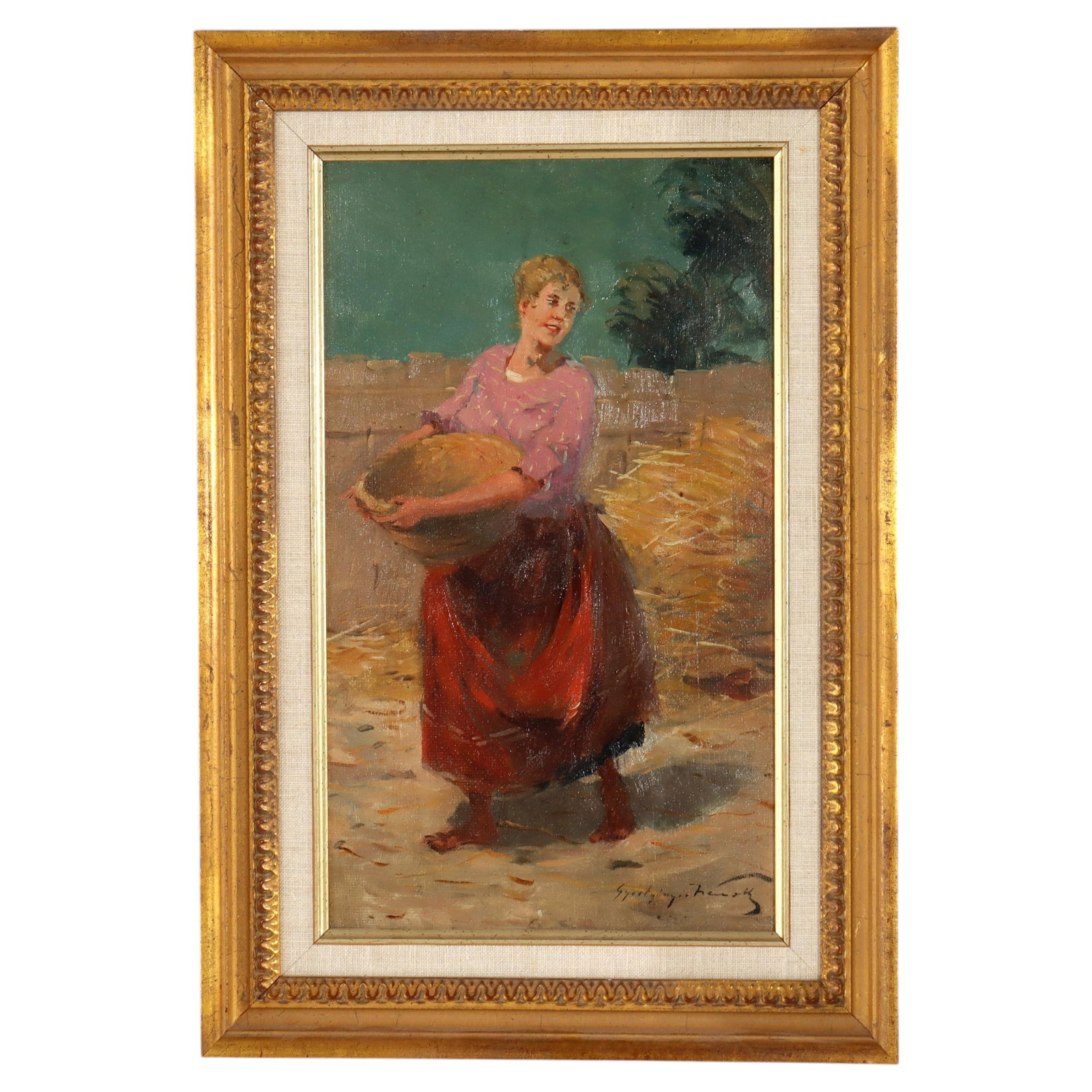 Early 1900s Genre Oil Painting Signed Depicting Peasant Woman With Basket (1 of 12)