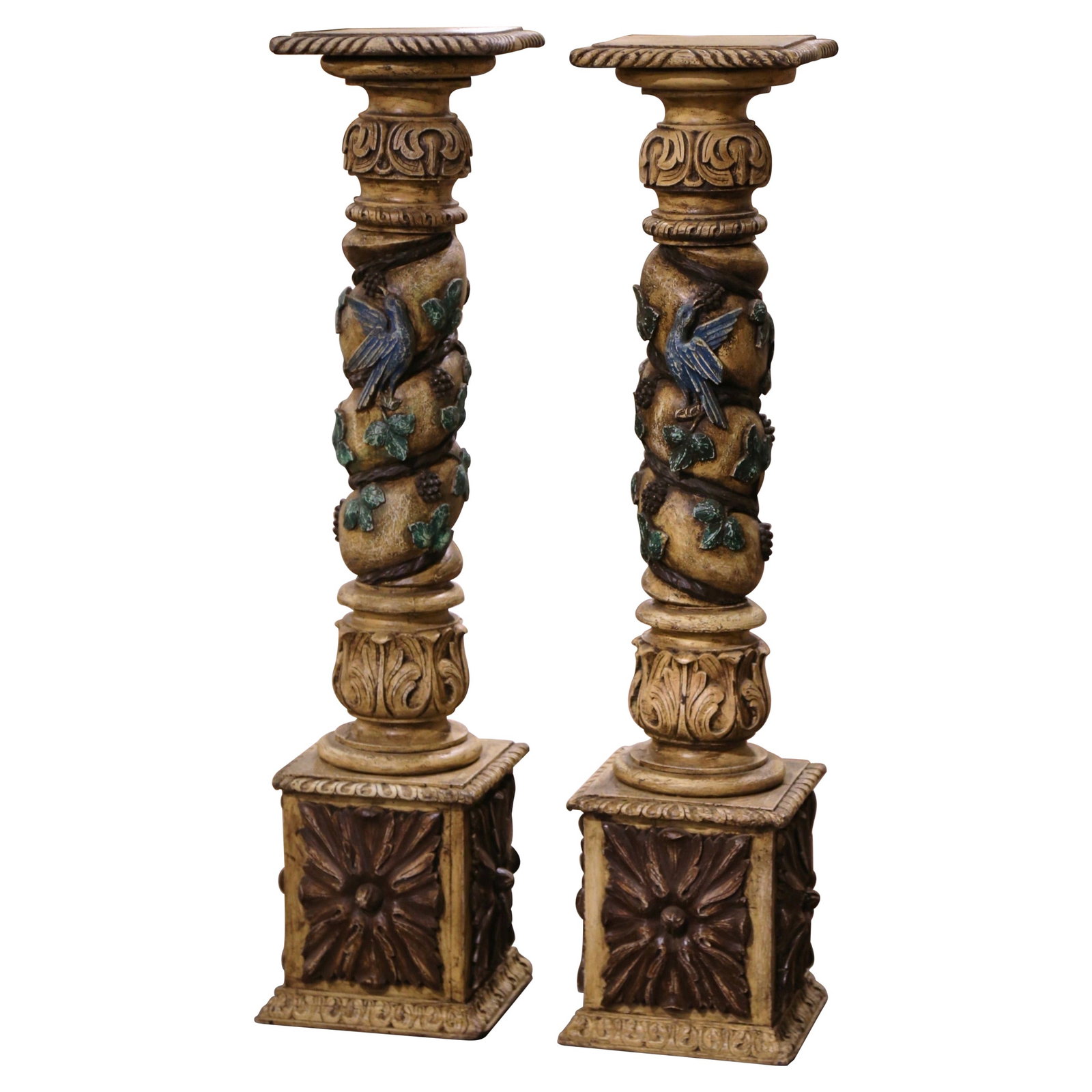 Set of 2 18th Century French Rococo Pedestals with Birds and Vine Motif: Set of 2 18th Century French Rococo Pedestals with Birds and Vine Motif Enhance your space with this striking pair of 18th-century French pedestals, hand-carved and hand-painted circa 1750. Each pedes