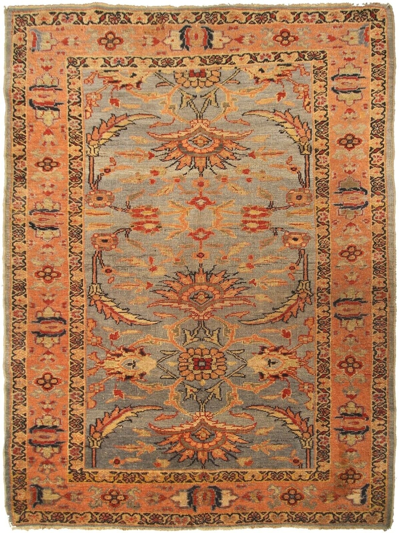 Antique Hand Knotted Mahal Sultanabad Wool Rug 4'5 x 6'6: Antique Hand Knotted Mahal Sultanabad Wool Rug 4'5 x 6'6 This rare antique Persian Mahal Sultanabad rug, dating to circa 1880, features a hand-knotted construction using 100% wool with a cotton founda