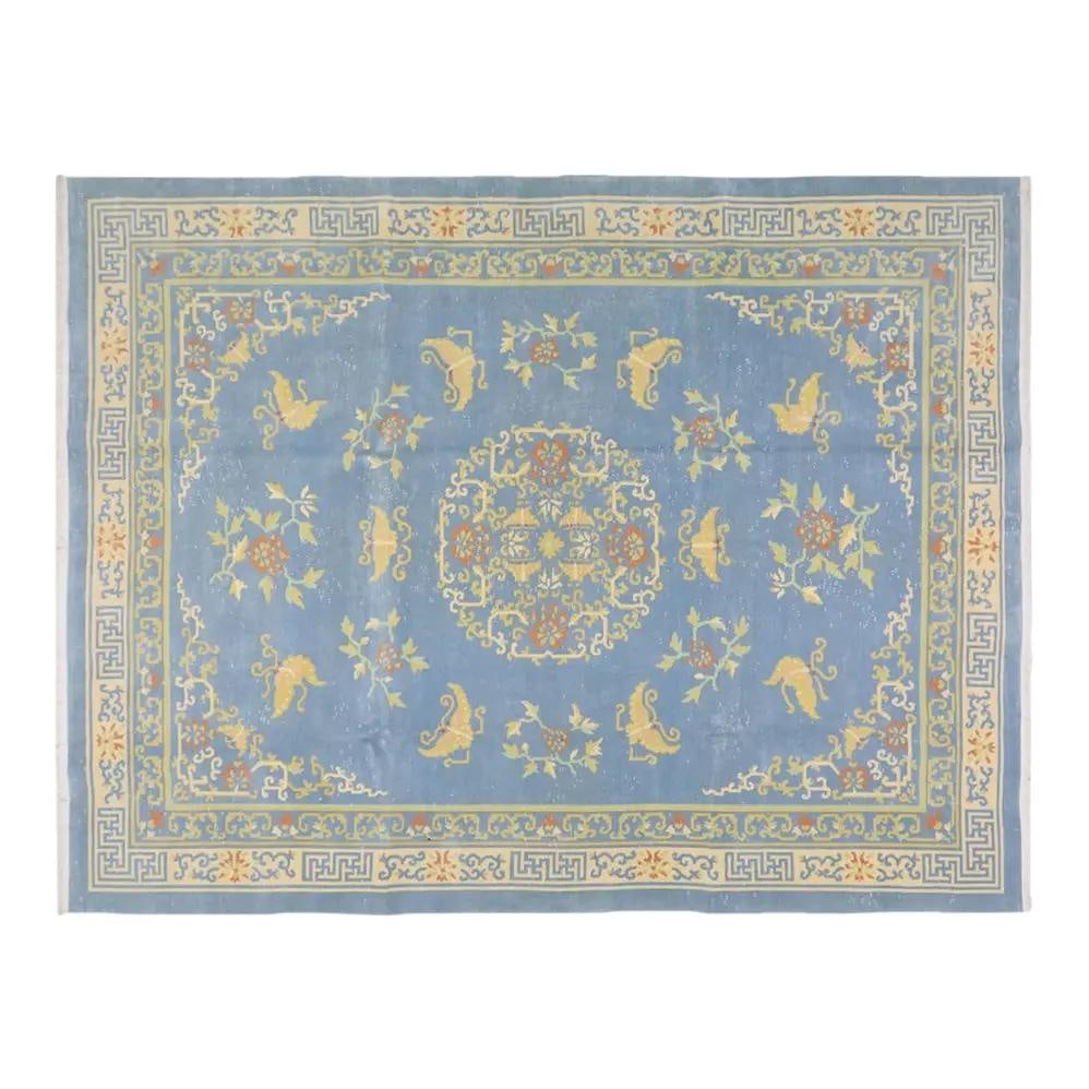 Hand-Knotted Wool Chinese Art Deco Blue Rug Timeless Design: Hand-Knotted Wool Chinese Art Deco Blue Rug Timeless Design This vintage Chinese Art Deco wool rug is hand-knotted using traditional techniques, combining classic craftsmanship with a modern design se