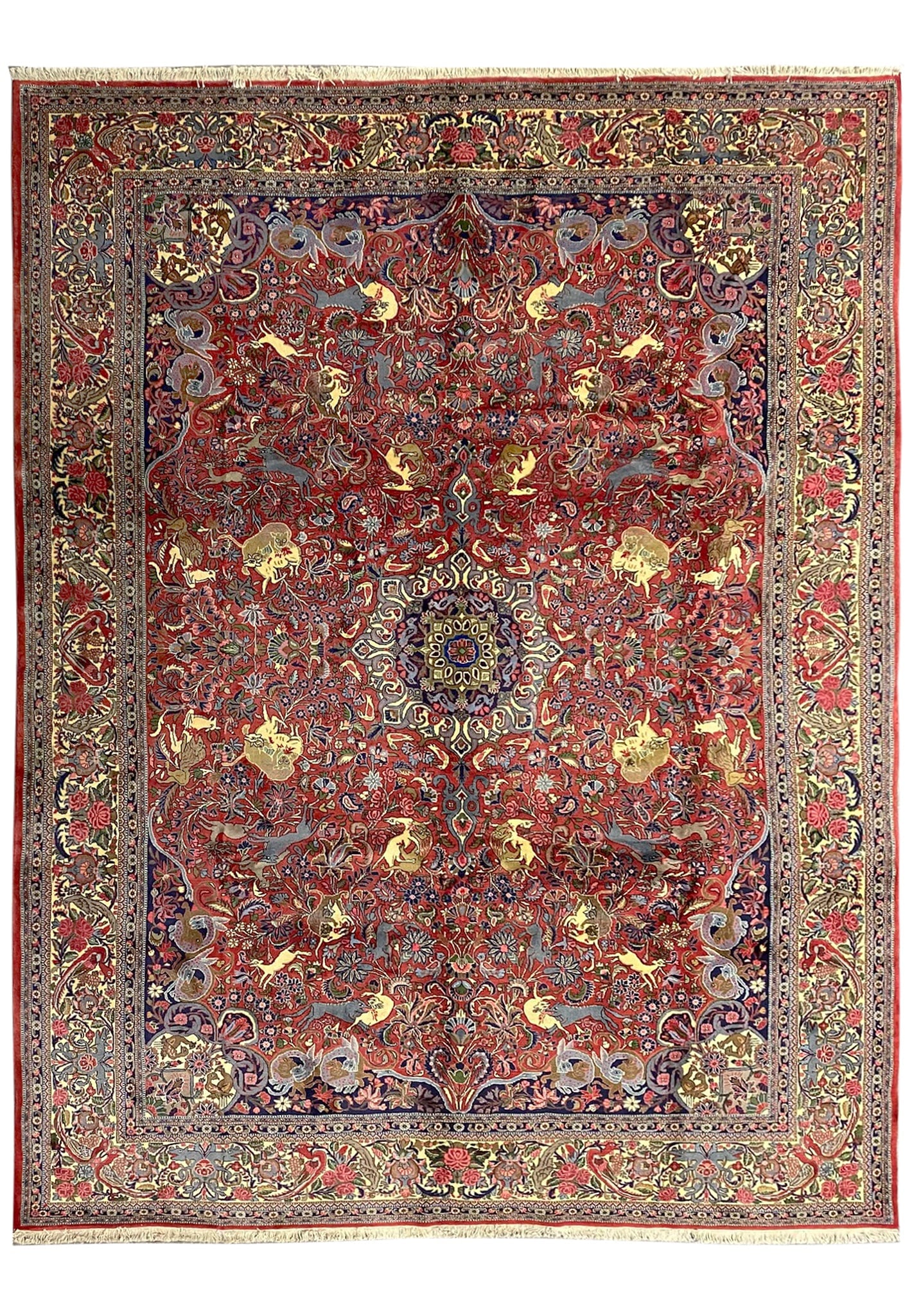 10 x 13.8 Persian Bijar Rug Hand Knotted Wool Animal Hunting Pattern: 10 x 13.8 Persian Bijar Rug Hand Knotted Wool Animal Hunting Pattern Free continental US Shipping This 10 x 13.8 Persian Bijar rug features an animal hunting pattern with animals, hunters, and natural