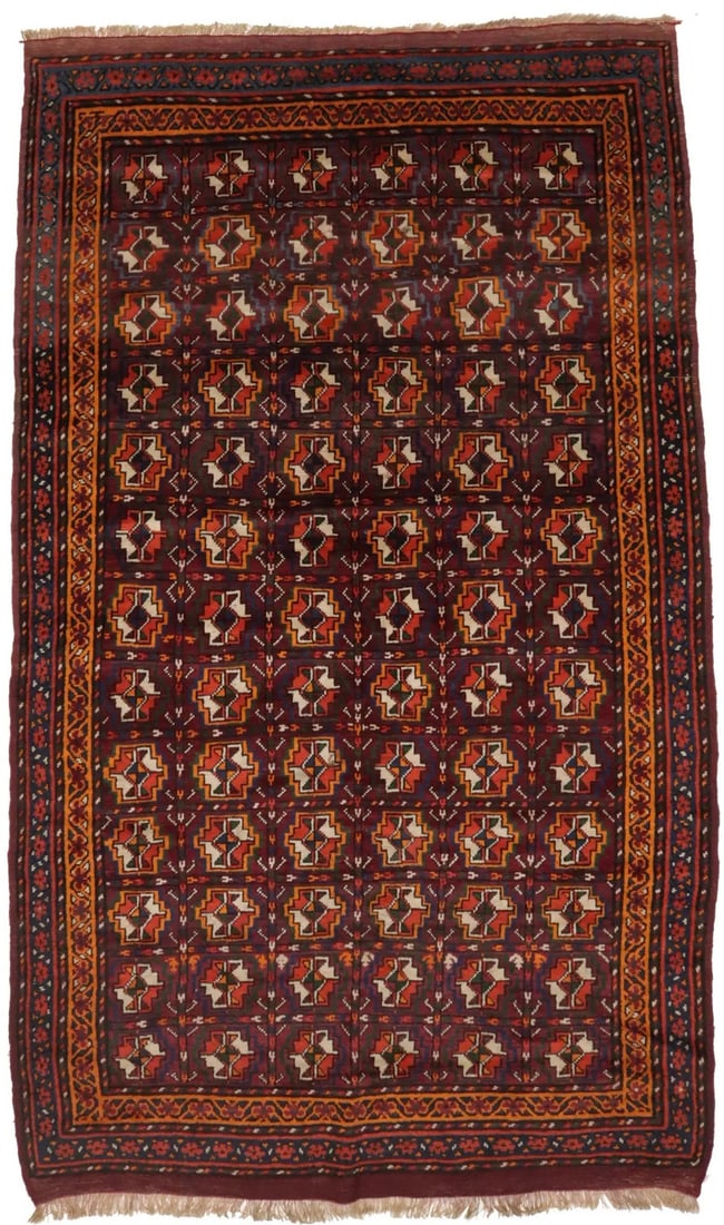 5'3 x 9'0 Wool Tribal Geometric Vintage Handmade Area Rug Western Asia: 5'3 x 9'0 Wool Tribal Geometric Vintage Handmade Area Rug Western Asia This handmade Kazak Bokhara rug features a striking tribal geometric pattern in rich burgundy, cream, marigold, charcoal, blue, a