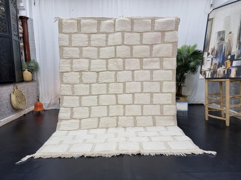 Moroccan Handwoven Brick House Rug 100% Sheep Wool 9.84 x 6.56 Feet: Moroccan Handwoven Brick House Rug 100% Sheep Wool 9.84 x 6.56 Feet Discover the exquisite "Brick House Rug," a beautifully handcrafted piece created by two Berber women weavers in the Middle Atlas Mo