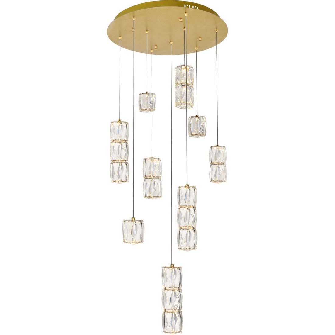 Polaris 20 in Gold Crystal 9 Light Pendant: Polaris 20 in Gold Crystal 9 Light Pendant Modern crystal pendant chandelier light fixture with a gold finish and clear Royal Cut crystals. It features a 9-light integrated LED design, is dimmable, fi