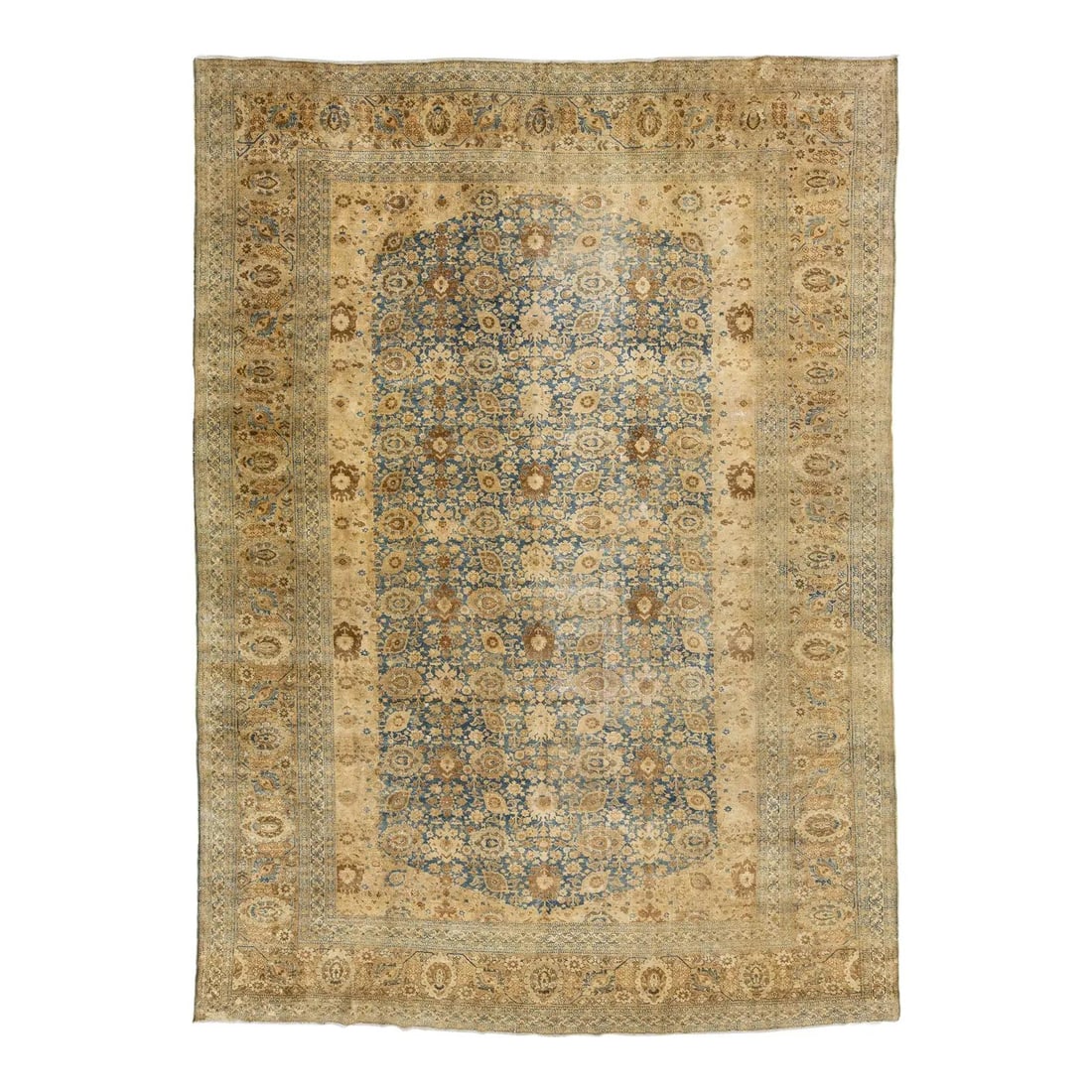 Muted Blue Botanical Wool Tabriz Area Rug 10'8 x 14'10 Antique Persian: Muted Blue Botanical Wool Tabriz Area Rug 10'8 x 14'10 Antique Persian This antique Persian Tabriz rug features an elegant all-over botanical pattern set against a subtly faded blue central field. The