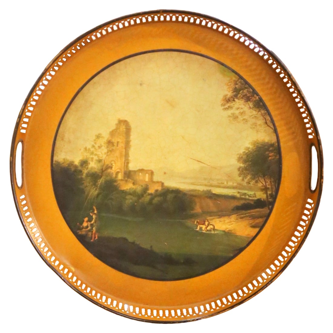 French tole tray hand painted romantic landscape 15.5 inch round (1 of 7)