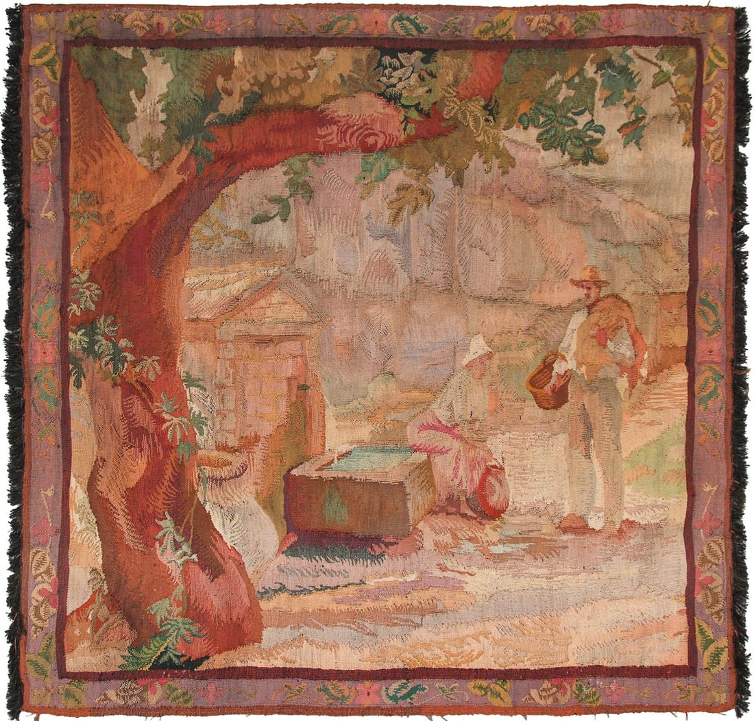 French wool verdure tapestry with water well scene 5x5 ft (1 of 11)