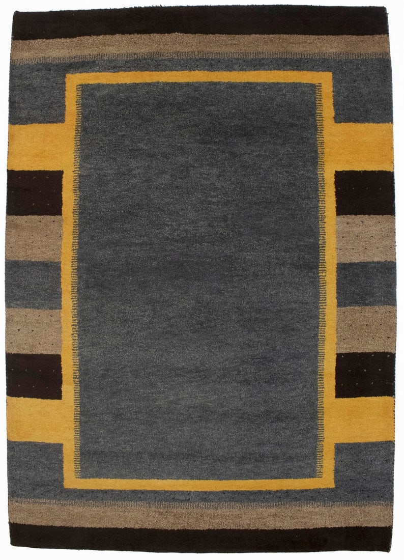 Hand-knotted Wool Modern Geometric Rug 5'8 x 8'1 for Kids Room: Hand-knotted Wool Modern Geometric Rug 5'8 x 8'1 for Kids Room This 6x8 handmade Indo-Gabbeh Oriental rug features a geometric, bordered design in multicolored shades including gray, beige, khaki, bro