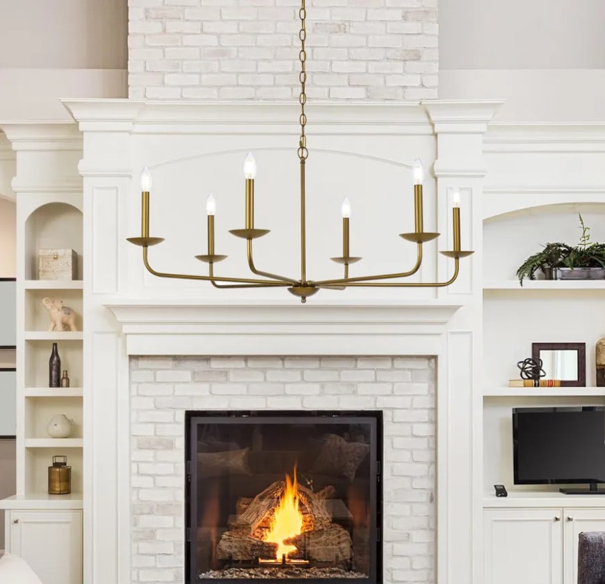 Living District Brass 6-Light Farmhouse Chandelier 42 Inch: Living District Brass 6-Light Farmhouse Chandelier 42 Inch This modern rustic farmhouse chandelier features a 42-inch brass-colored metal frame with a round shape and six lights. Designed for indoor u
