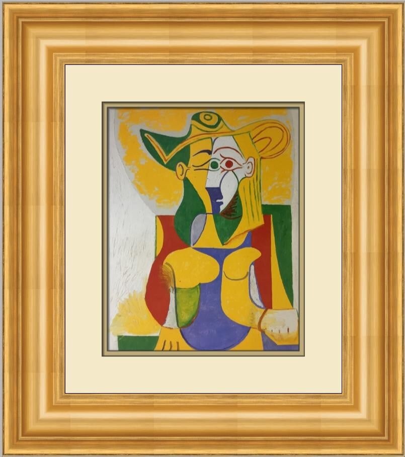 Pablo Picasso Woman in Armchair Custom Framed Surrealist Print: Pablo Picasso Woman in Armchair Custom Framed Surrealist Print This stunning custom framed print features Pablo Picasso's iconic work, "Woman in Armchair." Created in 1985, this medium-sized reproduct