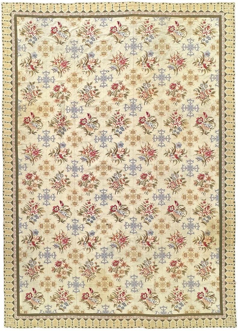 French wool needlepoint floral tapestry rug 10x14 circa 1900 (1 of 17)