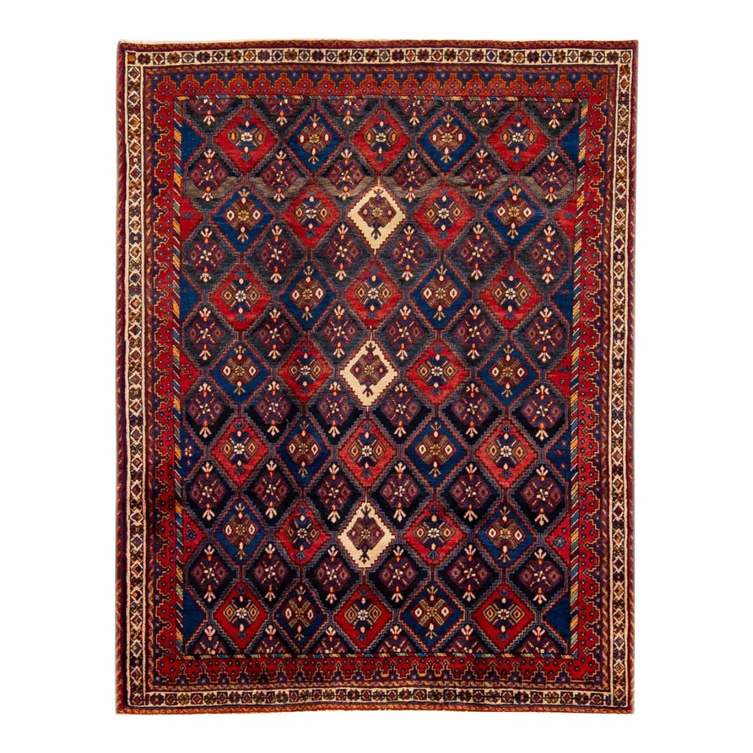 Antique Persian Shiraz Handmade Wool Rug Blue Geometric Design 5'3 x 7: Antique Persian Shiraz Handmade Wool Rug Blue Geometric Design 5'3 x 7 This stunning Antique Persian Shiraz Handmade Wool rug showcases a captivating all-over blue field adorned with multi-color accen