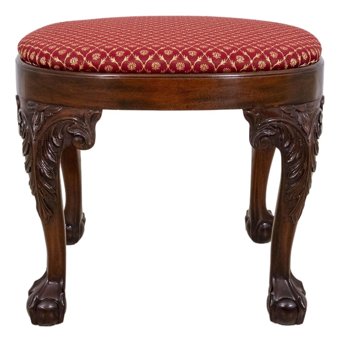 Chippendale Style Mahogany Ottoman Red Gold Upholstery Ball Claw Design: Chippendale Style Mahogany Ottoman Red Gold Upholstery Ball Claw Design This exquisite Red and Gold Formal Upholstered Ball & Claw Mahogany Ottoman features a professionally reupholstered seat adorned