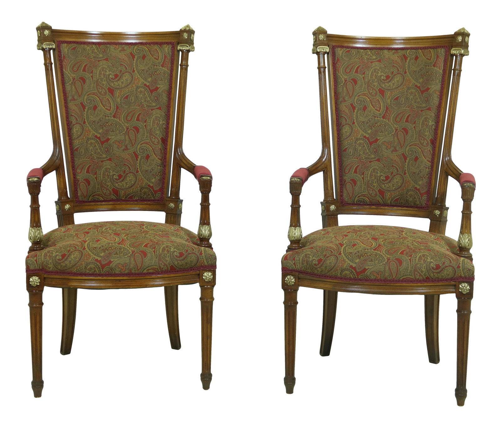 Elegant Pair of Newly Upholstered French Louis XVI Armchairs: Elegant Pair of Newly Upholstered French Louis XVI Armchairs This exquisite pair of French Louis XVI style armchairs showcases a timeless design, approximately 25 years old, with high-quality construc