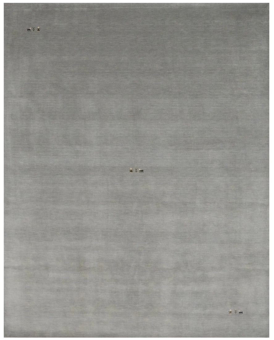 Gray Wool Gabbeh Rug 9'2 x 11'8 Handmade Modern Pictorial Tribal Design: Gray Wool Gabbeh Rug 9'2 x 11'8 Handmade Modern Pictorial Tribal Design This handmade modern Gabbeh area rug features a tribal pictorial design in gray tones. Crafted from wool using a hand-loomed tec