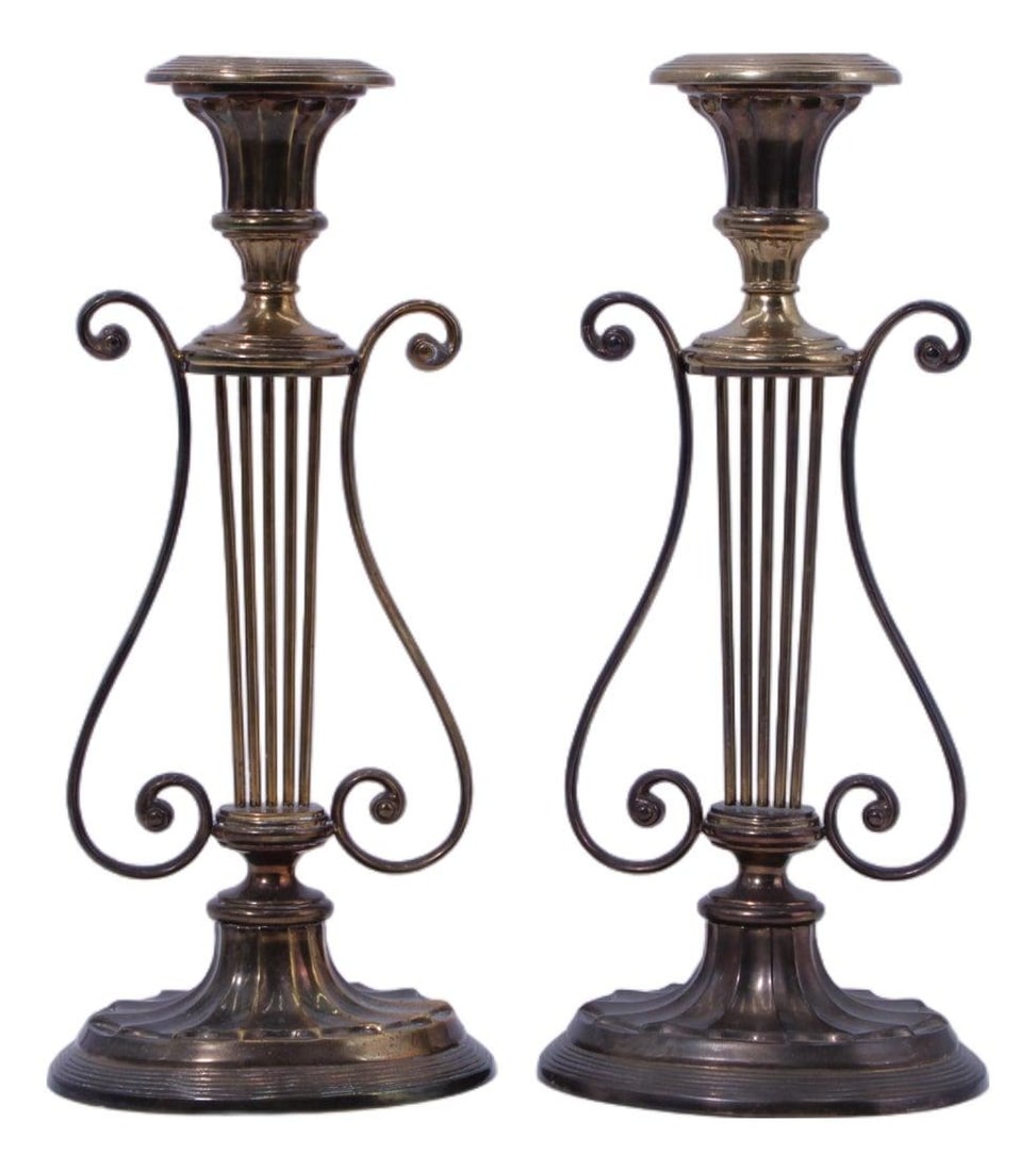 Pair Mottahedeh Colonial Williamsburg Brass Lyre Candlesticks (1 of 10)