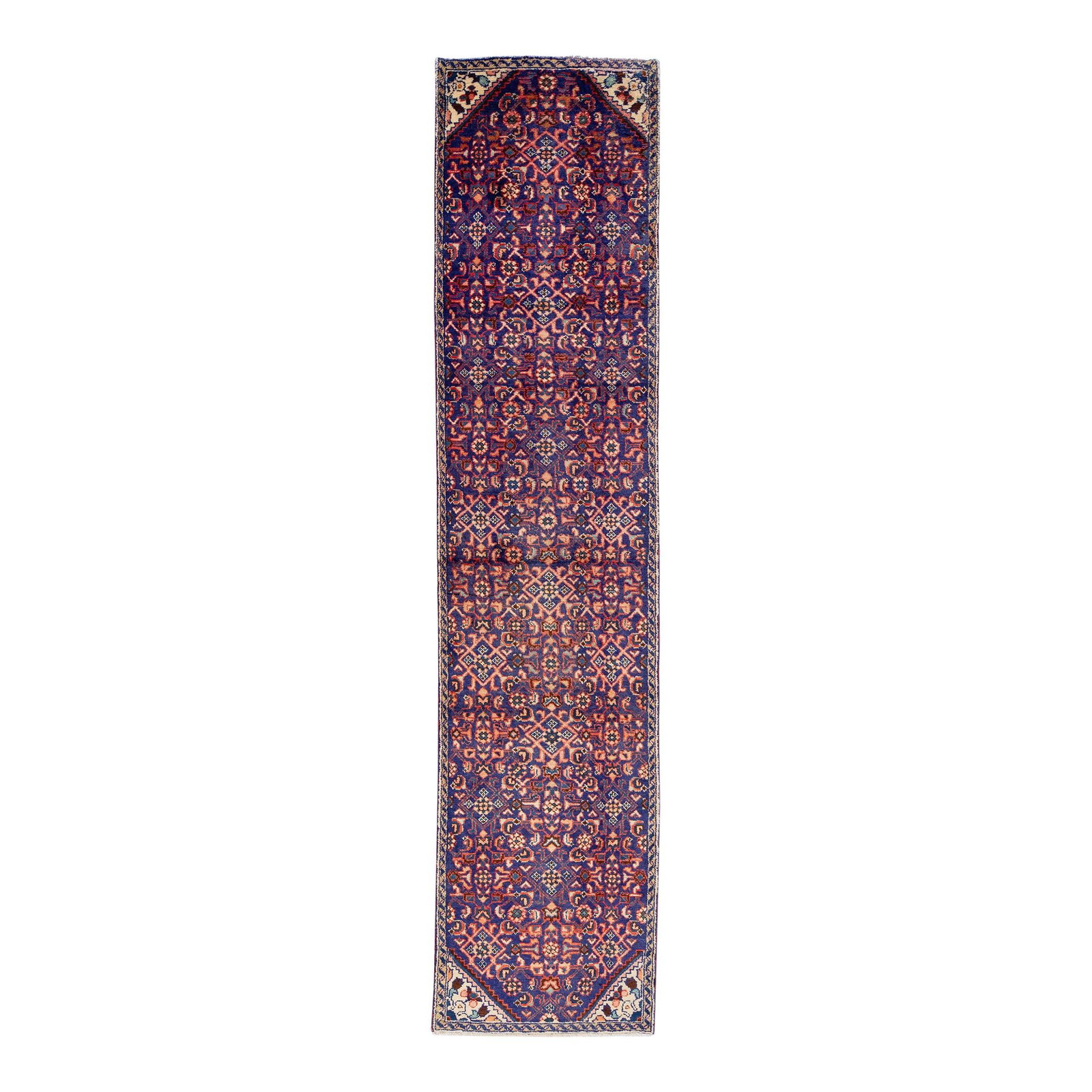 Vintage Persian Hamadan Blue Wool Runner 2'8 x 12' Handmade Medallion (1 of 7)