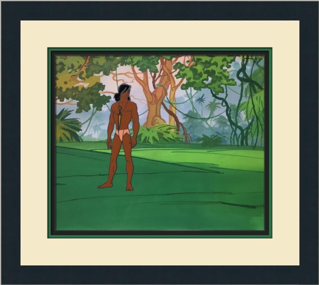 Framed Soviet Mowgli animation cel with hand painted background: Framed Soviet Mowgli animation cel with hand painted background This is an original hand-painted animation production cel with a matching hand-painted background from the 1970 Soviet-era film "Mowgli: