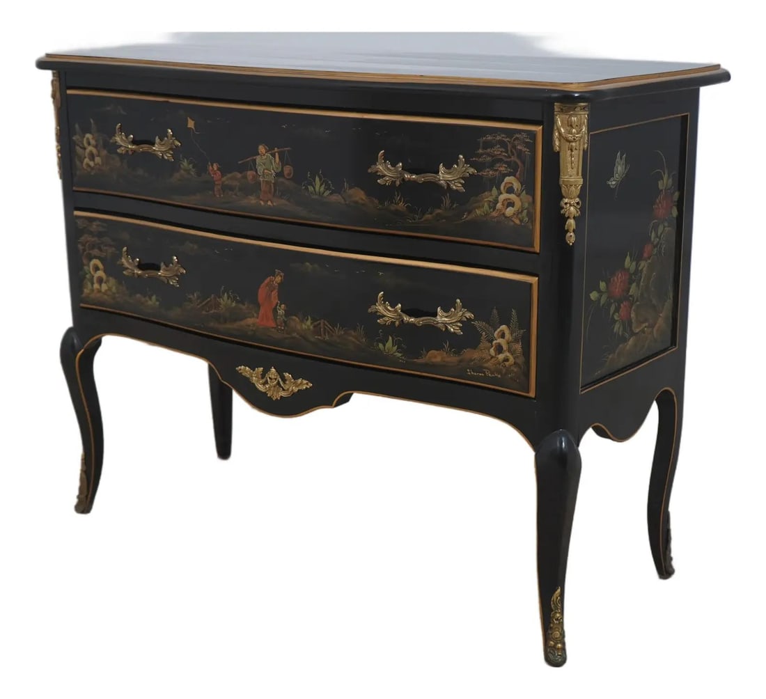 Century Black Lacquer Chinoiserie Commode with Brass Ormolu Mounts (1 of 10)