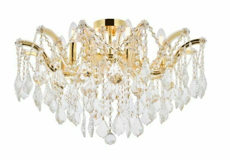 Maria Theresa 6 Light Gold Crystal Flush Mount 24 in: Maria Theresa 6 Light Gold Crystal Flush Mount 24 in Traditional Maria Theresa style crystal flush mount chandelier with 6 lights and a gold plated finish. It is designed for indoor use and features c