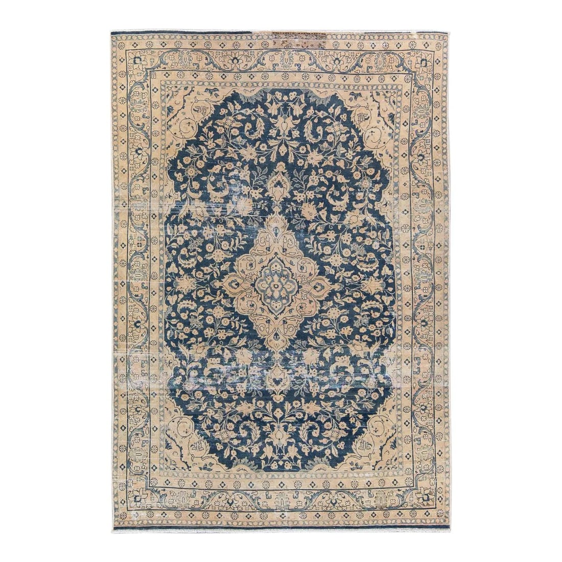 Vintage Persian Handmade Wool Rug Blue Rosette Design 6'8 x 9'9: Vintage Persian Handmade Wool Rug Blue Rosette Design 6'8 x 9'9 This vintage Persian handmade wool rug features a stunning blue background adorned with a detailed rosette motif. Crafted by skilled art