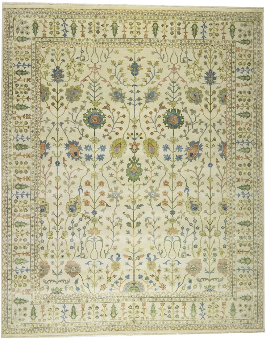 12x15 Hand-Knotted Oushak Chobi Tree of Life Rug Wool Oriental Carpet: 12x15 Hand-Knotted Oushak Chobi Tree of Life Rug Wool Oriental Carpet Enhance your living space with this stunning 12x15 ft Hand-Knotted Tree of Life Oushak Chobi Rug, featuring a beautiful blend of