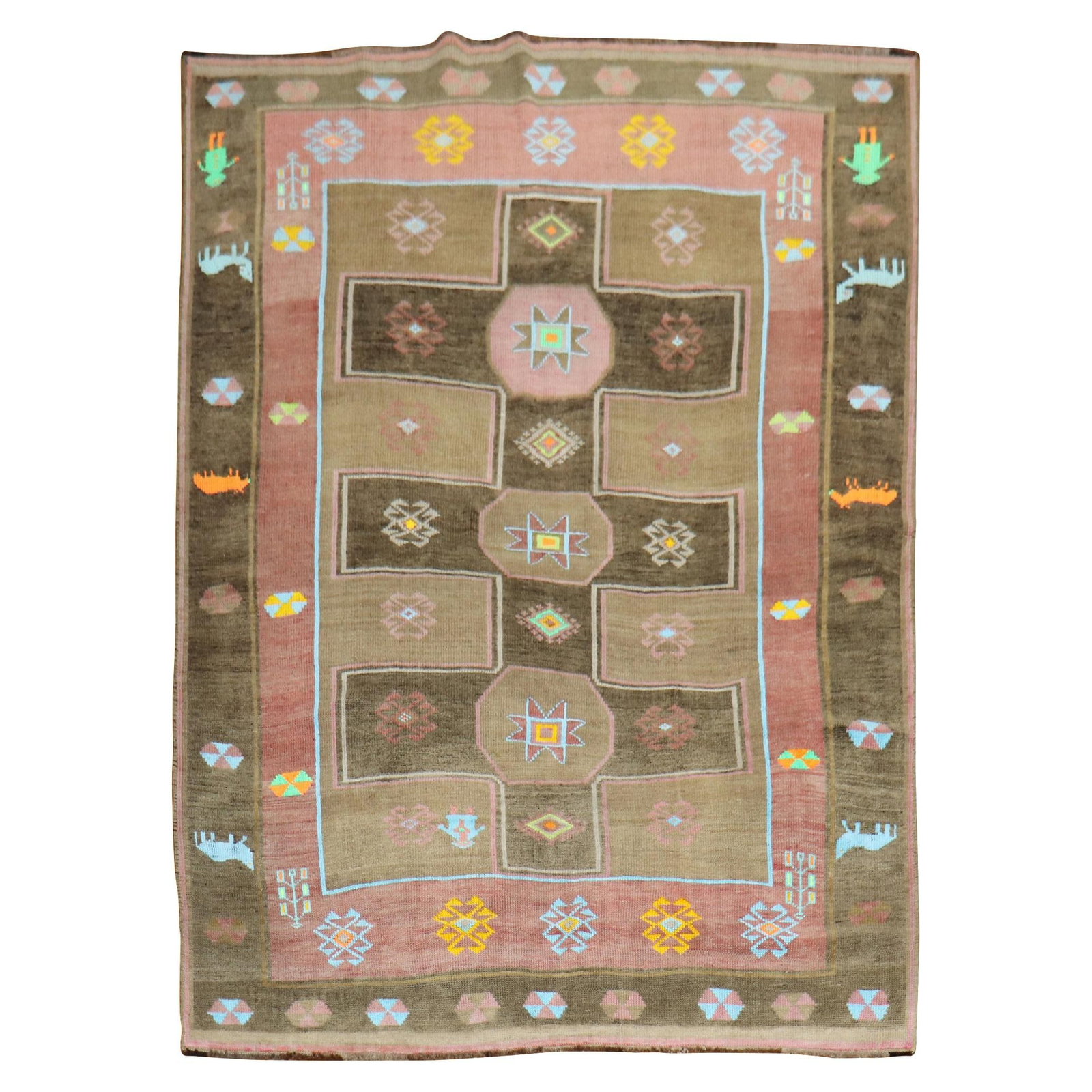 Mid-Century Whimsical Turkish Kars Rug Hand-Knotted Wool 6'8" x 9'2": Mid-Century Whimsical Turkish Kars Rug Hand-Knotted Wool 6'8" x 9'2" This whimsical mid-century Turkish Kars rug showcases a delightful folk art style, featuring a vibrant brown field adorned with int