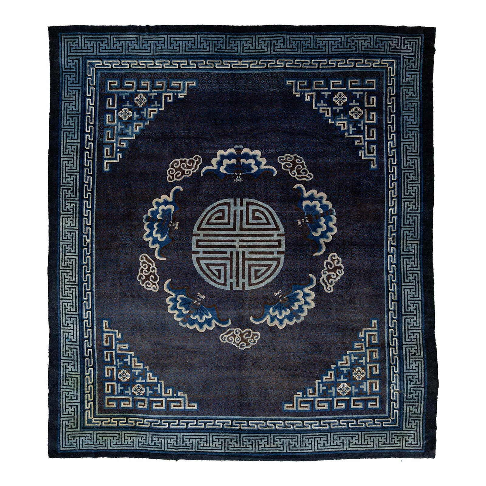 Antique 1920s Handmade Peking Chinese Wool Rug 12'6 x 14'2 Blue: Antique 1920s Handmade Peking Chinese Wool Rug 12'6 x 14'2 Blue Discover the beauty of this exquisite antique Peking Chinese wool rug from the 1920s. Featuring a rich navy blue field adorned with a