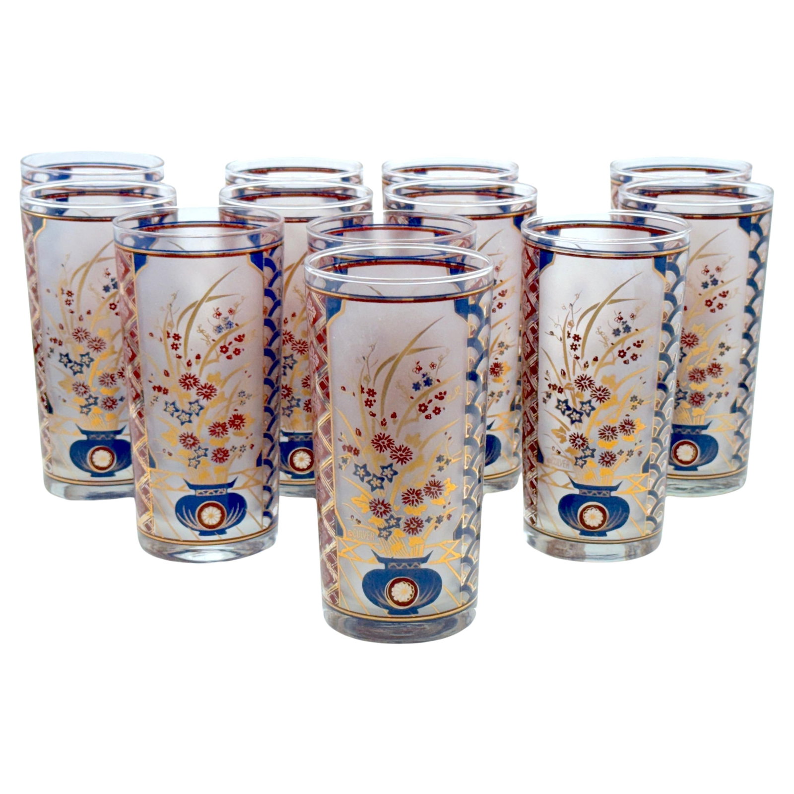 Rare Set of 12 Culver Chinoiserie Tall Glasses 1960s: Rare Set of 12 Culver Chinoiserie Tall Glasses 1960s This exceptional set of twelve 'Chinoiserie' pattern Tom Collins/tall glasses by Culver, crafted in the 1960s, showcases exquisite craftsmanship