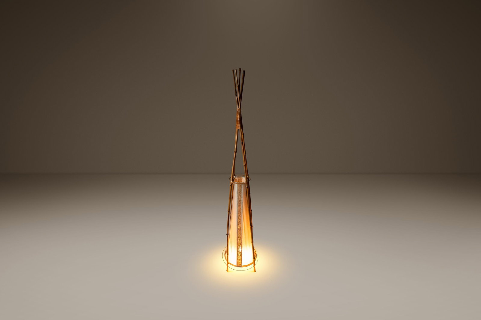 Vintage Louis Sognot 5ft Teepee Floor Lamp in Bamboo Rattan Cotton France 1960s: Vintage Louis Sognot 5ft Teepee Floor Lamp in Bamboo Rattan Cotton France 1960s Discover the elegance of this stunning Mid-Century Modern Bohemian floor lamp, crafted in France during the 1960s in the