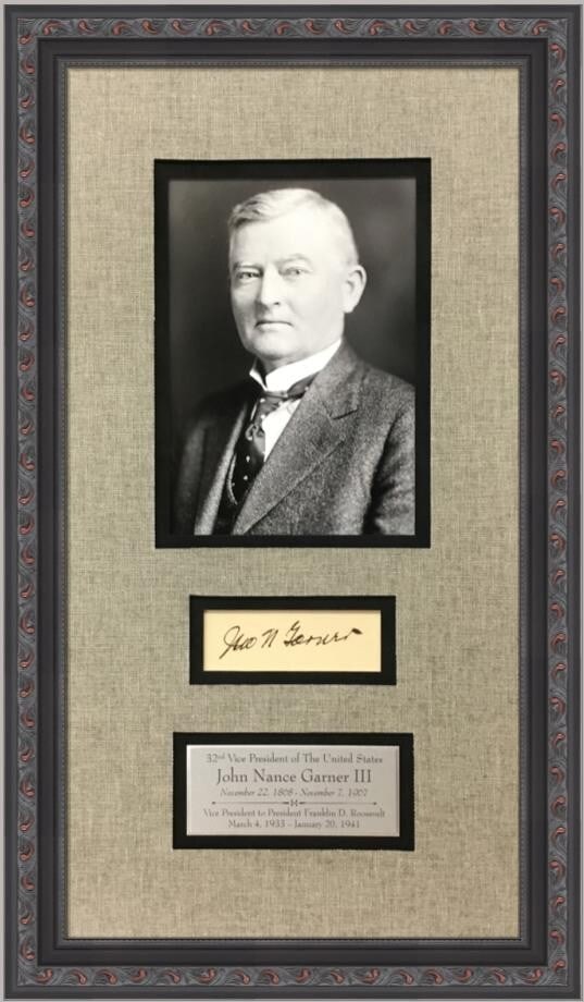 Framed John Nance Garner Cut Signature JSA Authenticated 22x15 Vice President Display: Framed John Nance Garner Cut Signature JSA Authenticated 22x15 Vice President Display This is an original hand-signed cut signature of John Nance Garner III, who served as Vice President under Preside