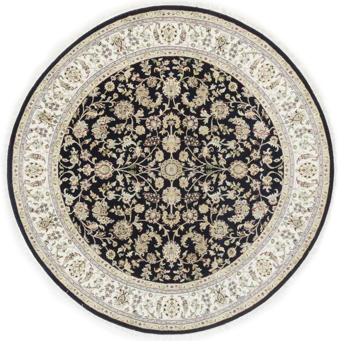 Handmade Indo-Nain 7' Round Floral Wool Silk Rug: Handmade Indo-Nain 7' Round Floral Wool Silk Rug Elevate your space with this exquisite 7' x 7' Handmade Indo-Nain Round Oriental Rug featuring a captivating floral design in a rich dark navy color pa