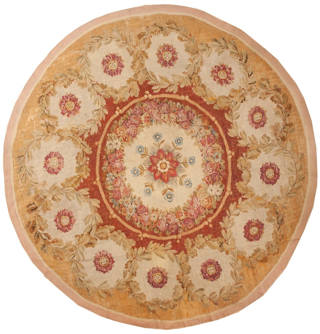Antique French Aubusson Directoire Round Wool Rug 10 ft (1 of 5)