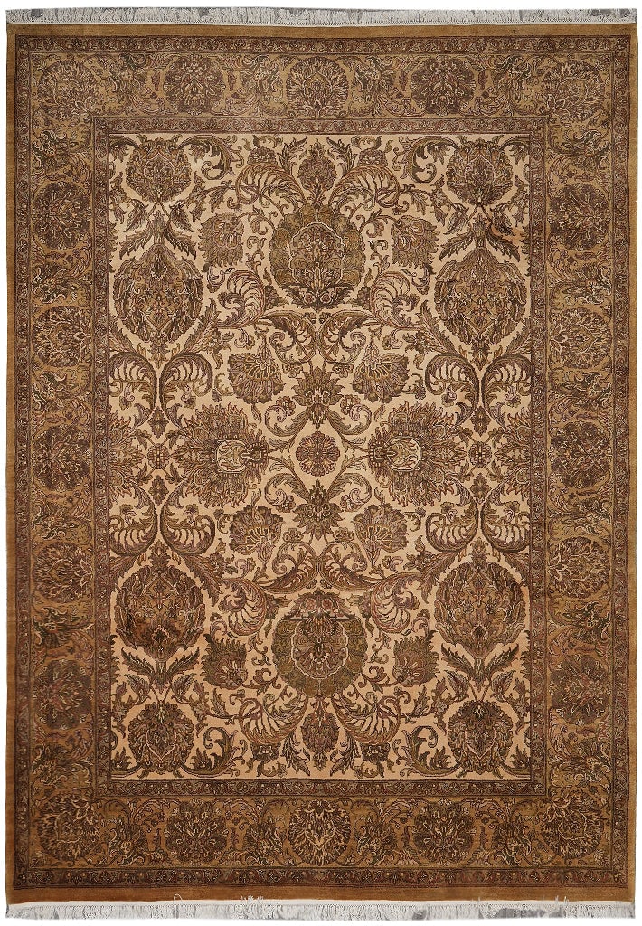 9 x 12 Beige Gold Hand Knotted Wool Jaipur Rug: 9 x 12 Beige Gold Hand Knotted Wool Jaipur Rug Free continental US Shipping This 9 x 12 beige hand-knotted Jaipur rug is made from high-quality wool and features a traditional design with golden motif