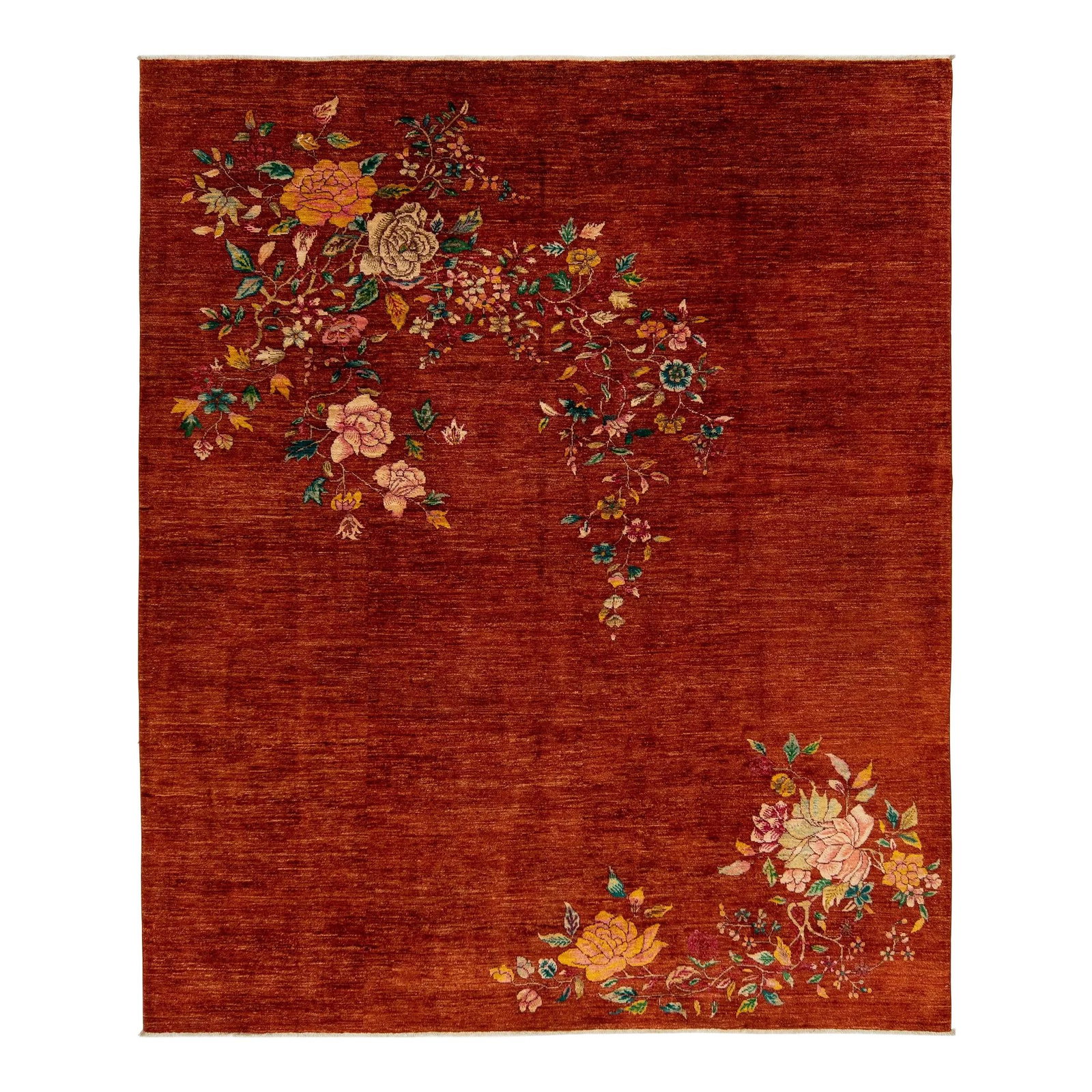 Handmade Modern Chinese Wool Rug in Terracotta Red Floral Design 8'2" x 9'8": Handmade Modern Chinese Wool Rug in Terracotta Red Floral Design 8'2" x 9'8" Elevate your living space with this exquisite modern Chinese-style hand-knotted wool rug. Featuring a rich terracotta red b