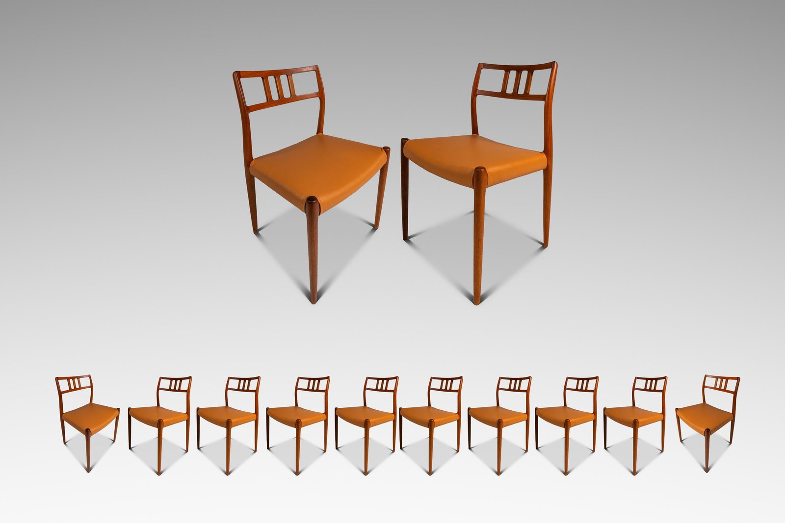 Set of 10 Teak Leather Model 79 Dining Chairs by Niels Moller: Set of 10 Teak Leather Model 79 Dining Chairs by Niels Moller Set of ten Danish Modern Model 79 side chairs by Niels Moller for J.L. Moller Mobelfabrik, made in Denmark circa the 1960s. Crafted in tea
