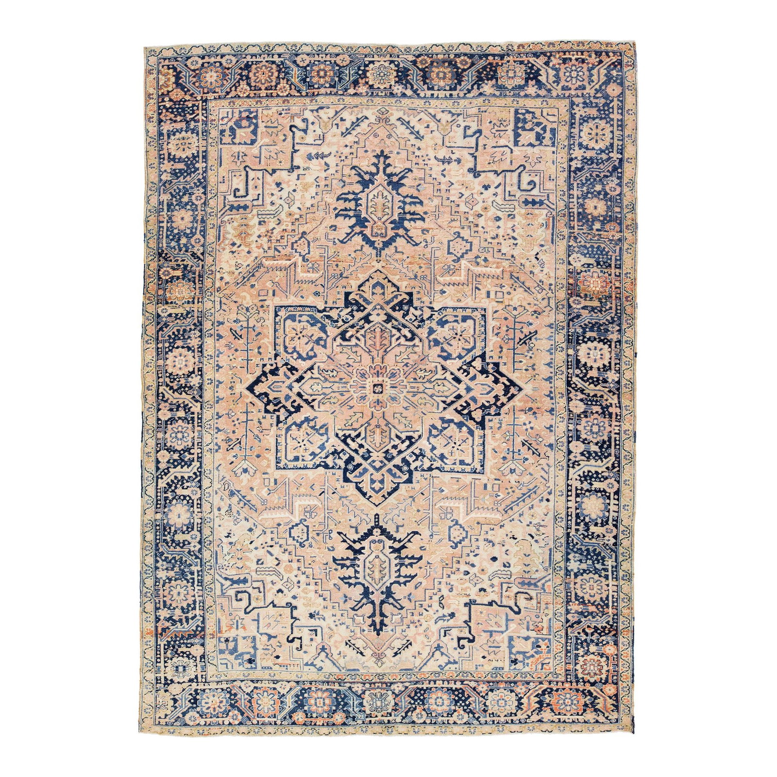 1920s Antique Persian Heriz Wool Rug Peach Floral Medallion 8.9x11.10: 1920s Antique Persian Heriz Wool Rug Peach Floral Medallion 8.9x11.10 This exquisite 1920s Persian rug features a captivating geometric medallion floral motif in elegant shades of blue and ivory, beau